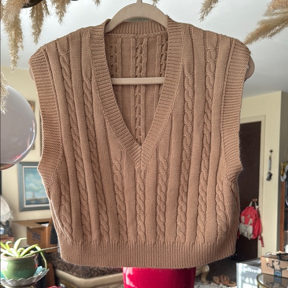 SHEIN Sweaters - Shein Cable Knit V-Neck Sleeveless Tan Light Brown Cropped Sweater Vest